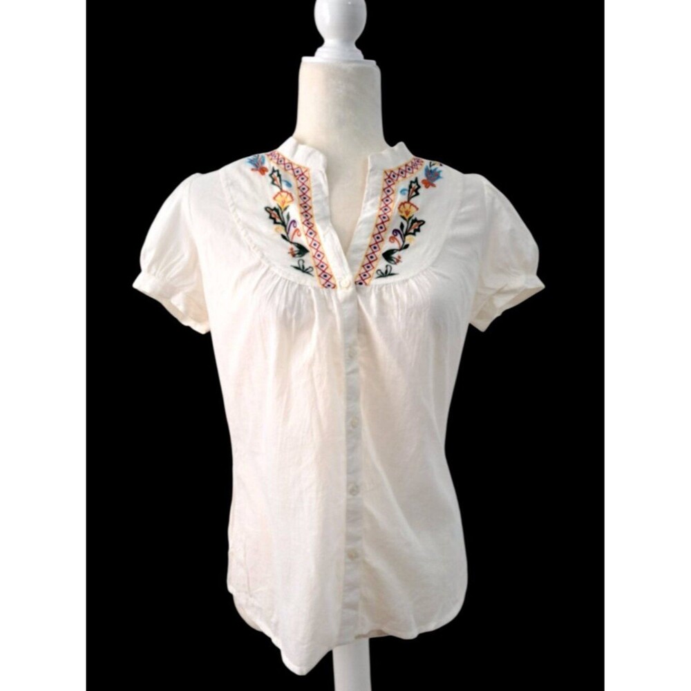Twenty One Women's White Puffed Short Sleeve Peasant Boho Embroidered Top M